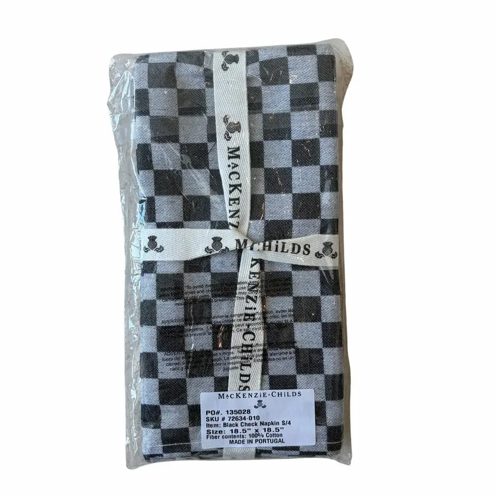 NEW Mackenzie Childs Black Check Cotton Dinner Napkins 18.5 x18.5 Set of 4